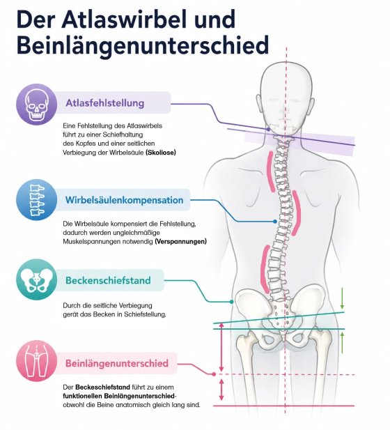 Anatomisches Diagramm, das die Kausalkette von Atlasfehlstellung, Wirbelsäulenkompensation und daraus resultierendem Becken- sowie Beinlängenschiefsta