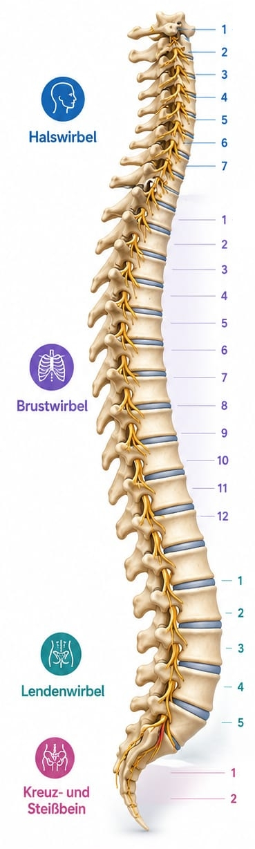 Diagramm der menschlichen Wirbelsäule, das die Hals-, Brust-, Lenden- und Kreuzwirbelkörper abgrenzt.